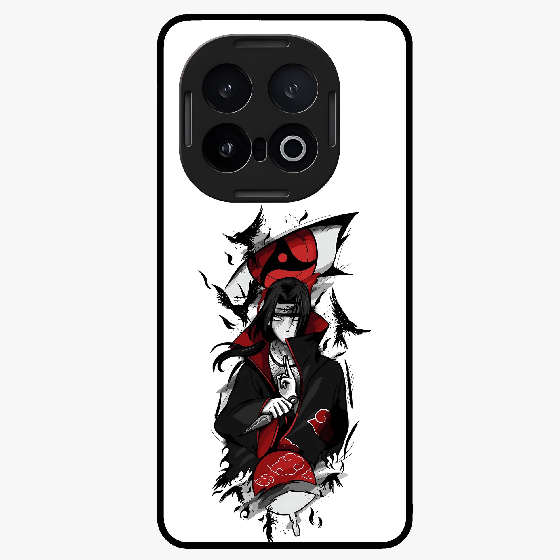 Itachi Sharingan Glass Case showing flat back view with powerful anime eye artwork and glossy glass finish.