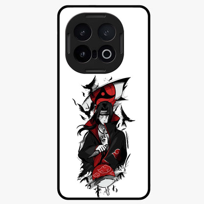 Itachi Sharingan Glass Case showing flat back view with powerful anime eye artwork and glossy glass finish.