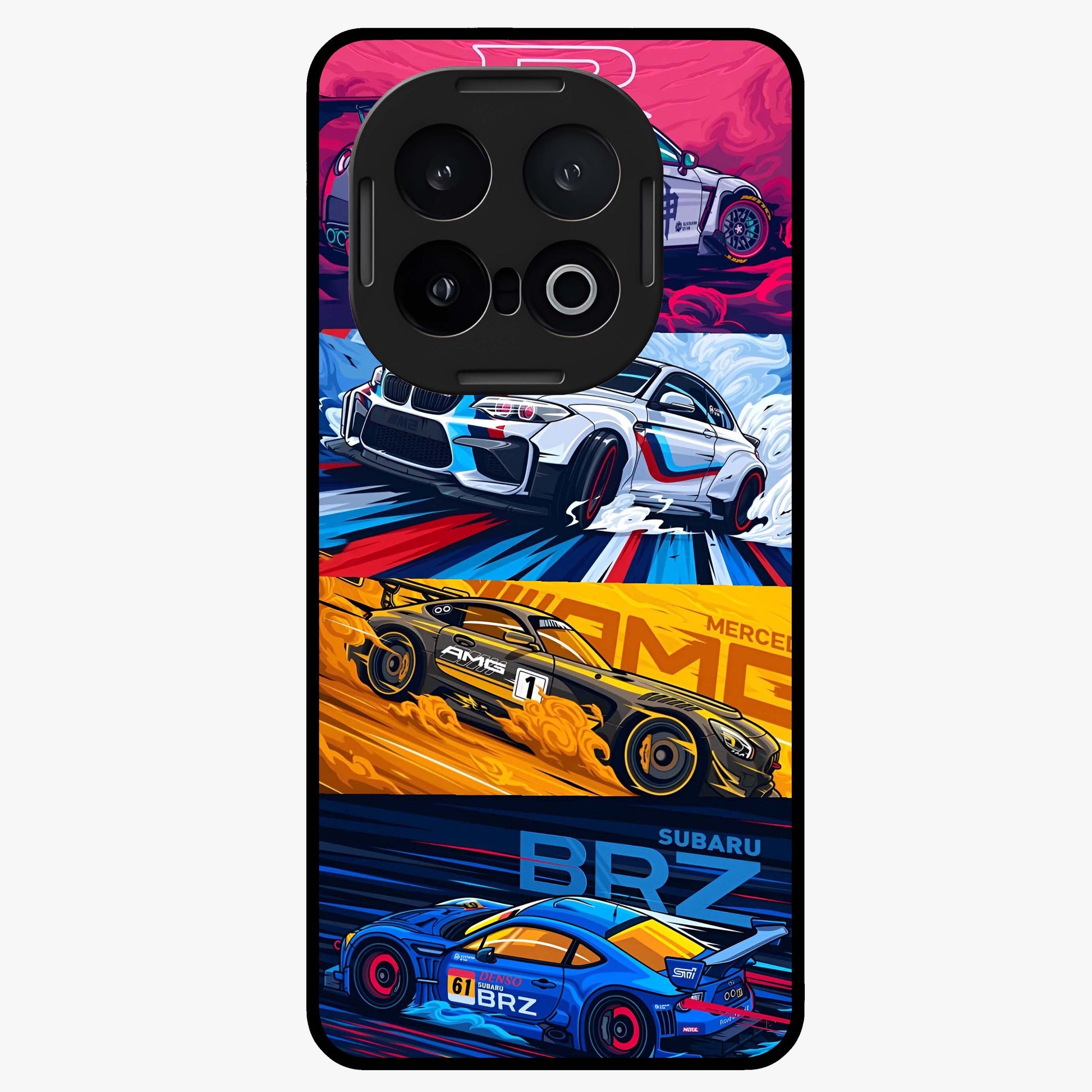 JDM Sports Car Glass Case showing flat back view with high performance sports car artwork and glossy glass finish.