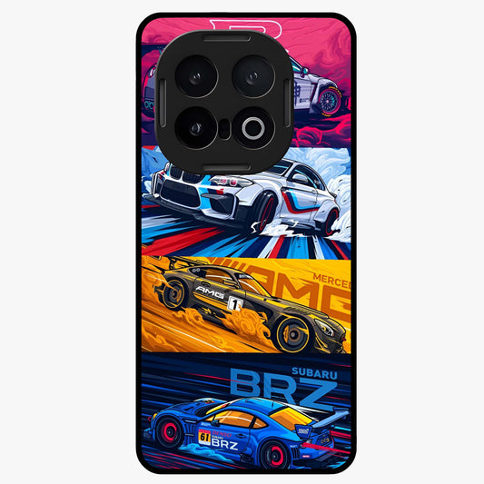 JDM Sports Car Glass Case showing flat back view with high performance sports car artwork and glossy glass finish.