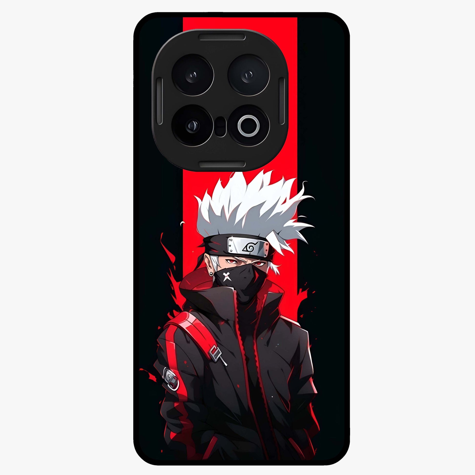 Kakashi Scarlet Shadow Glass Case showing flat back view with powerful anime ninja artwork and glossy glass finish.