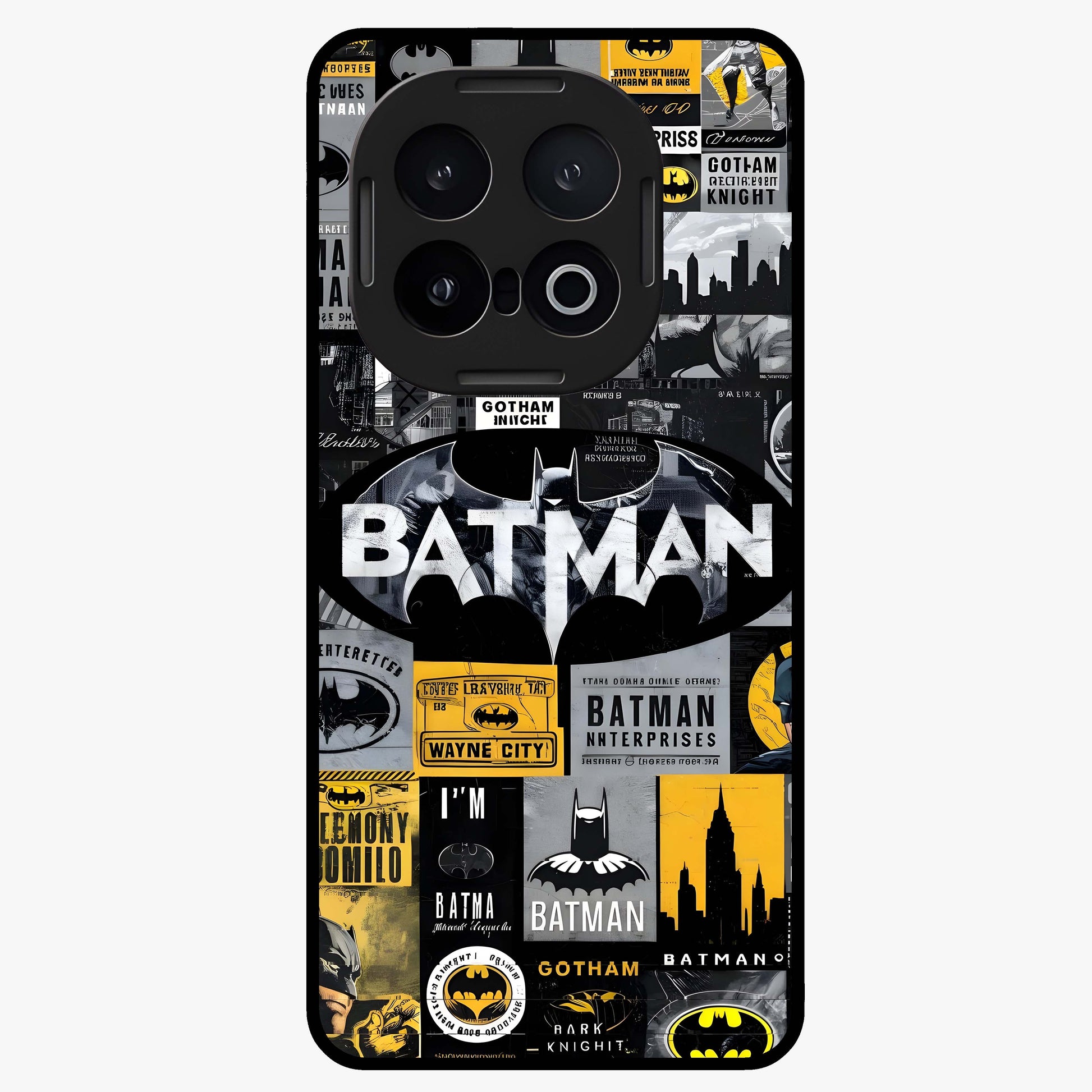 Knight Gotham Rise Glass Case showing flat back view with dark hero inspired artwork and glossy glass finish.