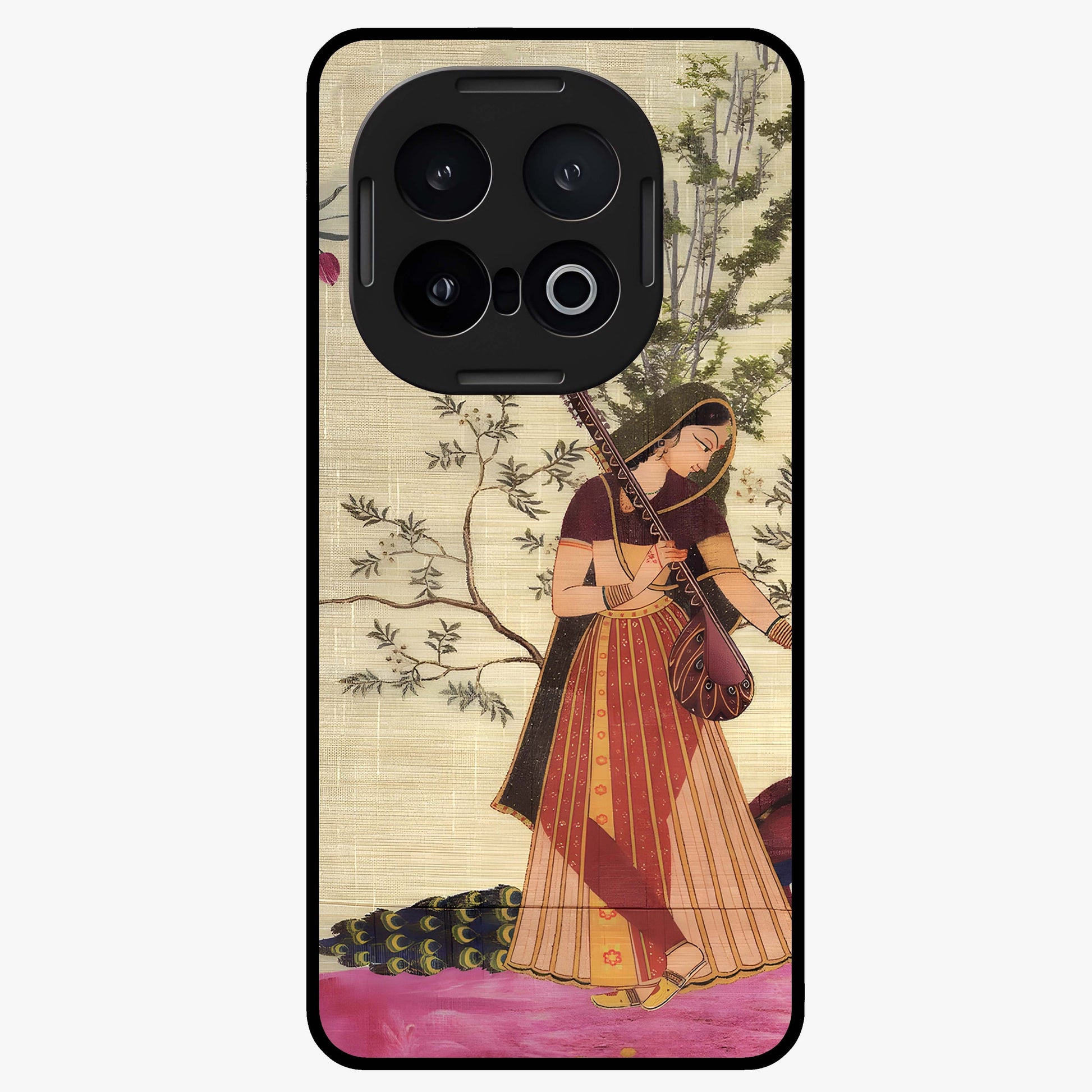 Lady With Veena Art Glass Case showing flat back view with elegant woman playing veena artwork and glossy glass finish.