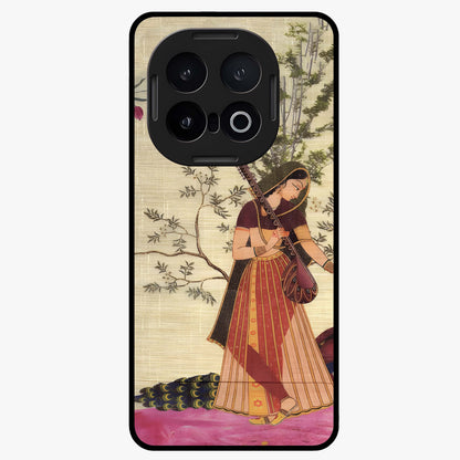 Lady With Veena Art Glass Case showing flat back view with elegant woman playing veena artwork and glossy glass finish.