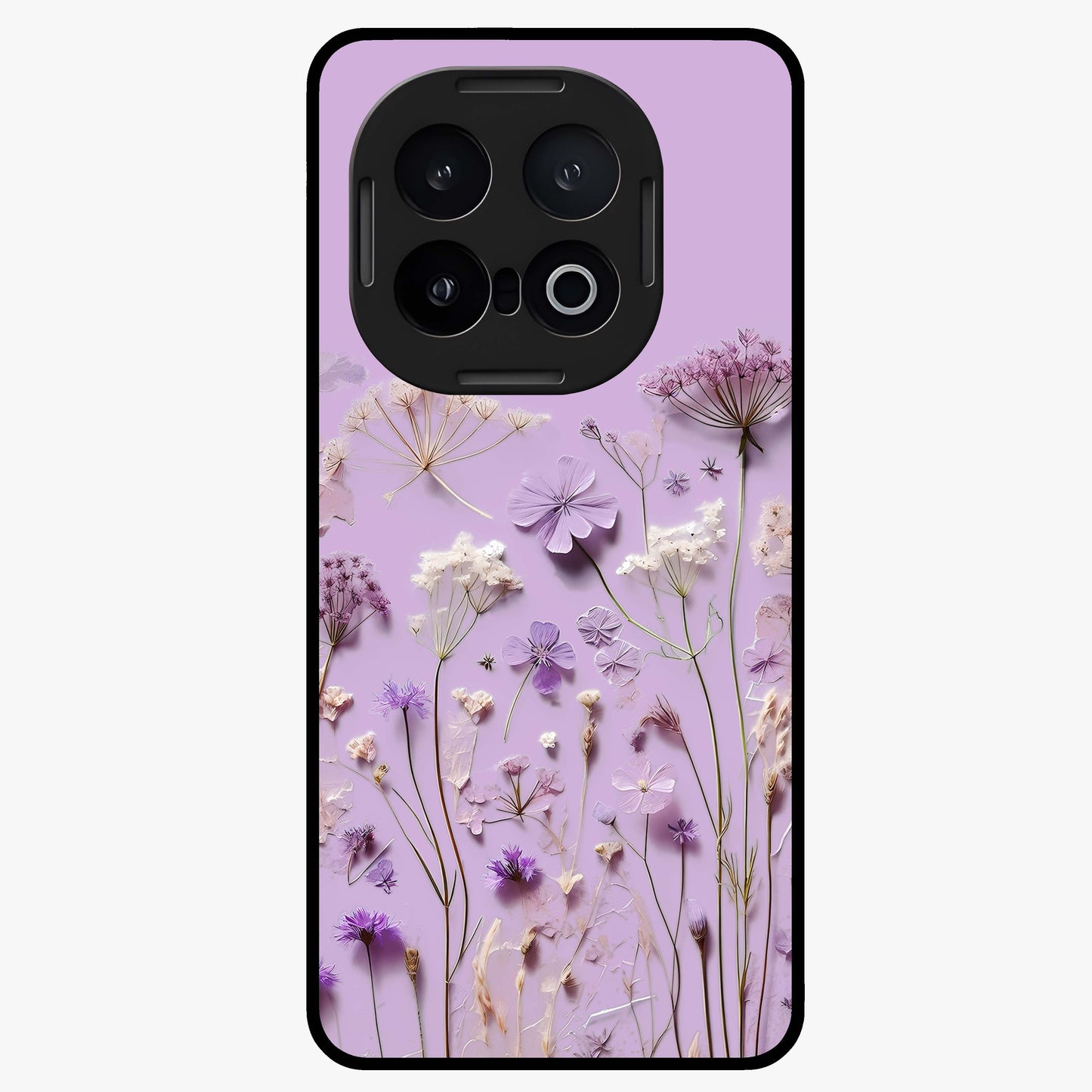 Lavender Blossom Dream Glass Case showing flat back view with soft lavender floral artwork and glossy glass finish.