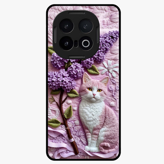 Lavender Cat Whimsy Glass Case showing flat back view with cute lavender cat artwork and glossy glass finish.