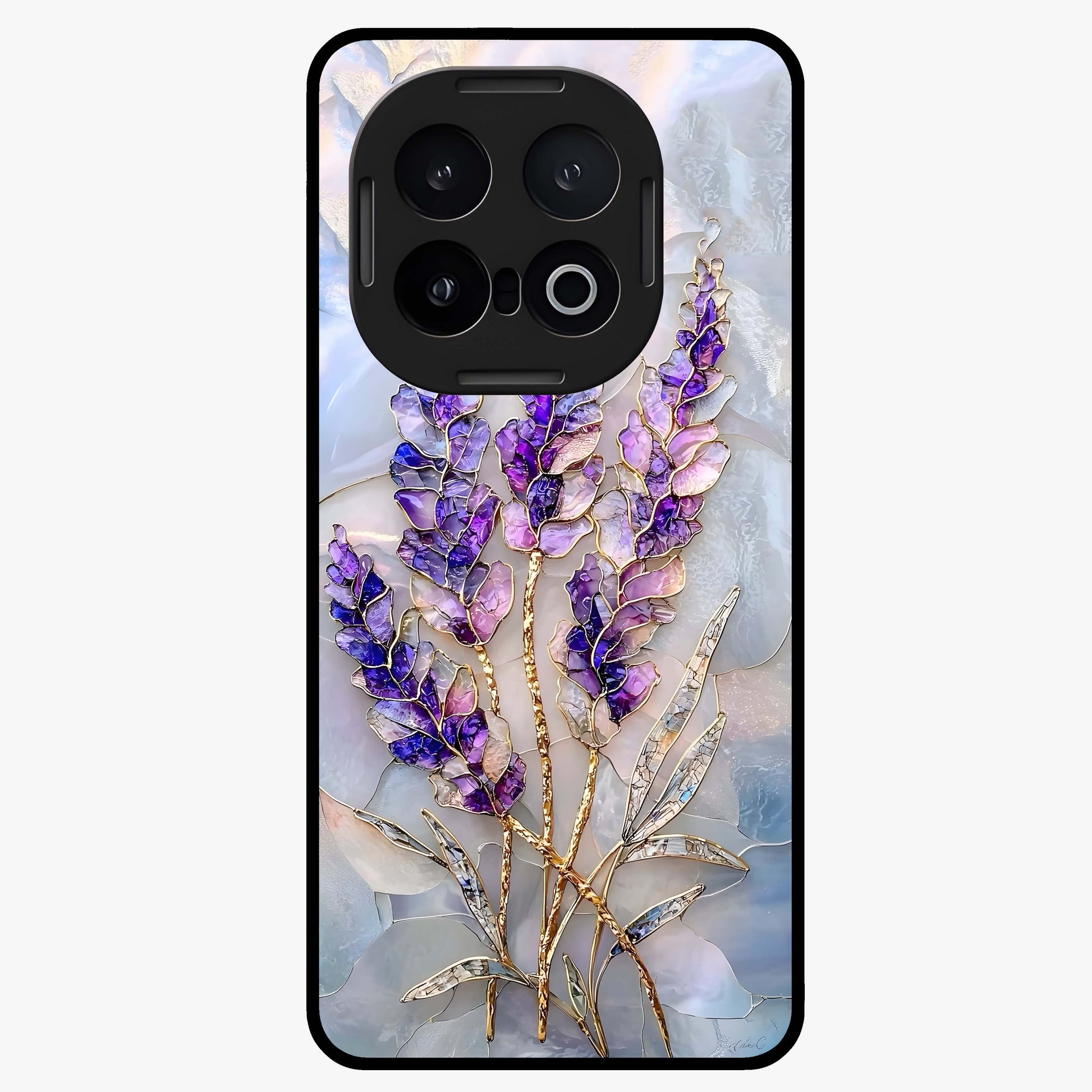 Lavender Dream Glow Glass Case showing flat back view with glowing lavender aesthetic artwork and glossy glass finish.