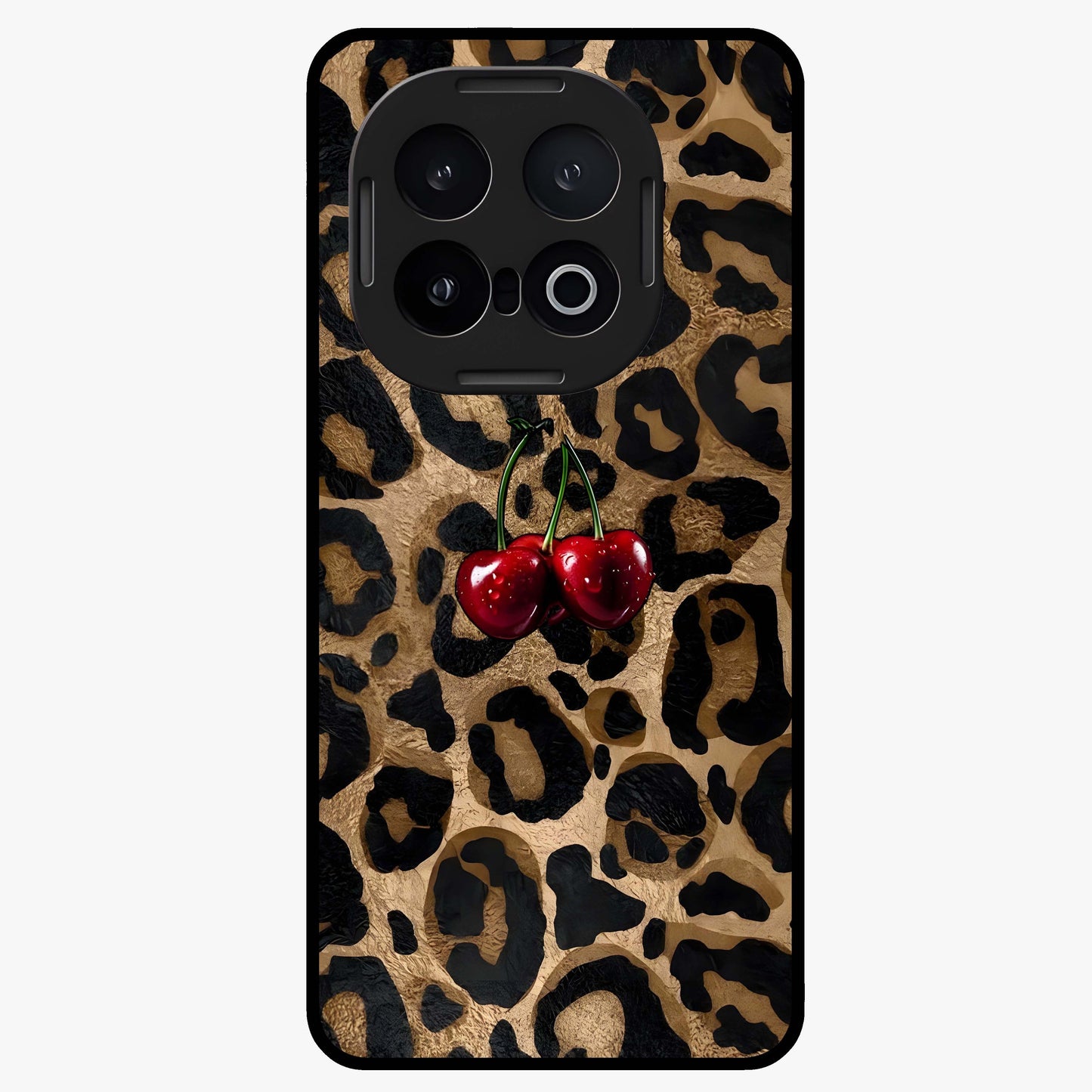 Leopard Wild Cherry Glass Case showing flat back view with leopard pattern and cherry artwork and glossy glass finish.