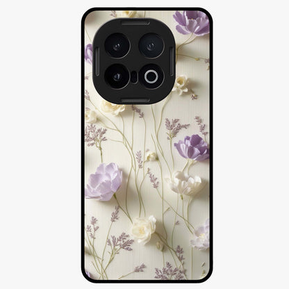 Lilac Breeze Harmony Glass Case showing flat back view with soft lilac themed artwork and glossy glass finish.