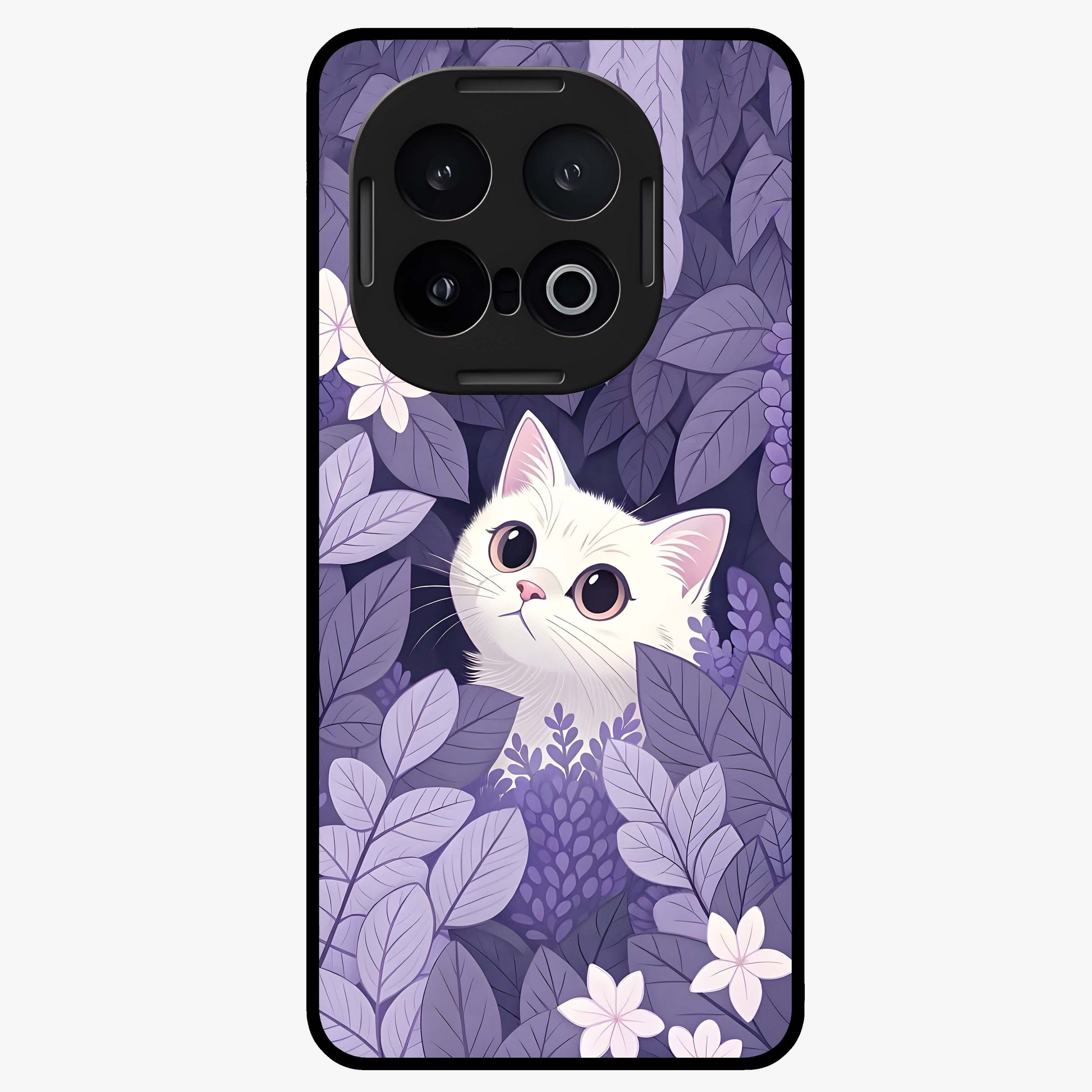 Lilac Hide Peek Cat Glass Case showing flat back view with cute peeking cat artwork and glossy glass finish.