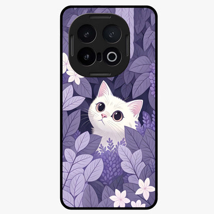 Lilac Hide Peek Cat Glass Case showing flat back view with cute peeking cat artwork and glossy glass finish.