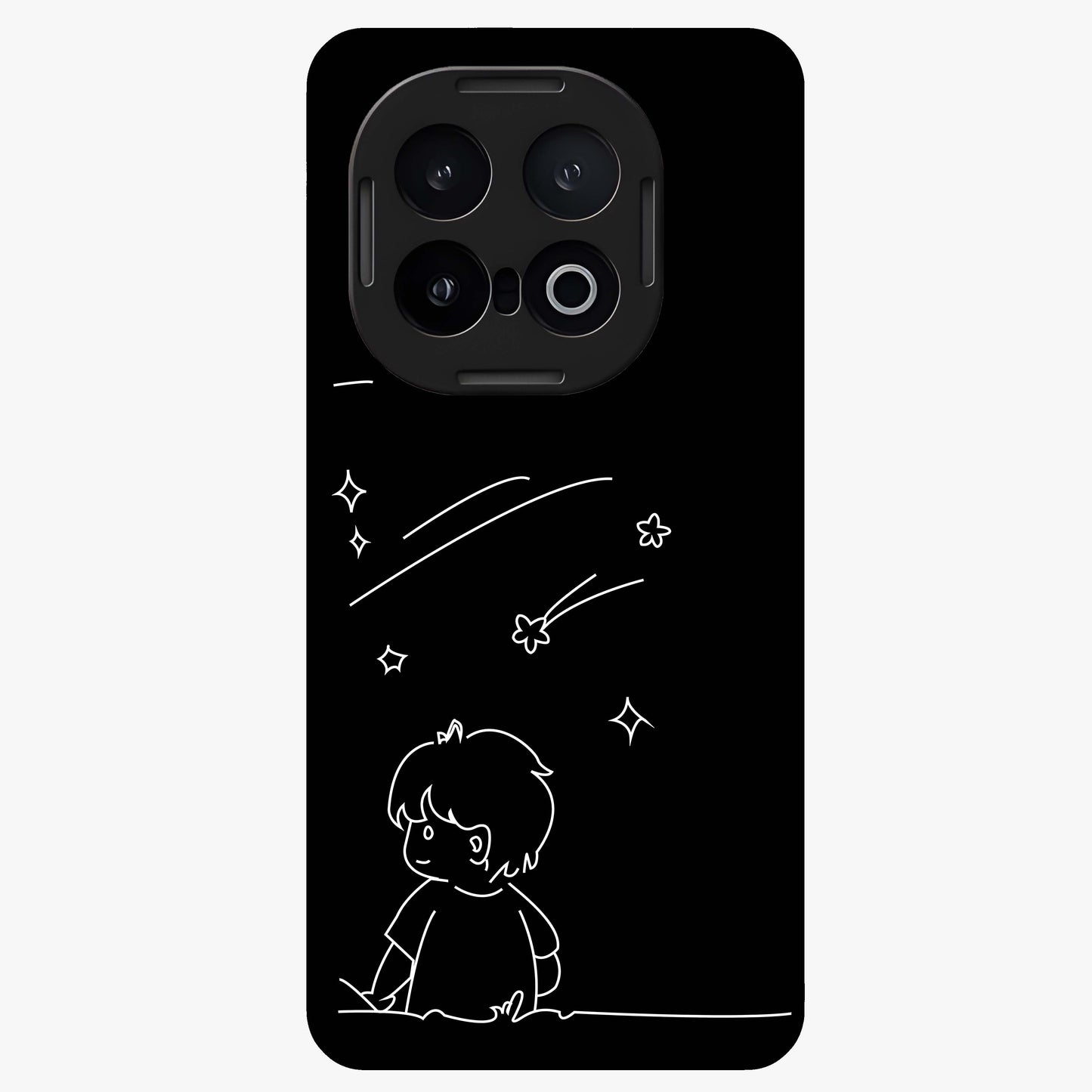 Line Art Boy With Shooting Stars Glass Case showing flat back view with minimal line art boy and shooting stars illustration and glossy glass finish.