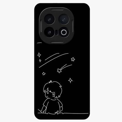 Line Art Boy With Shooting Stars Glass Case showing flat back view with minimal line art boy and shooting stars illustration and glossy glass finish.