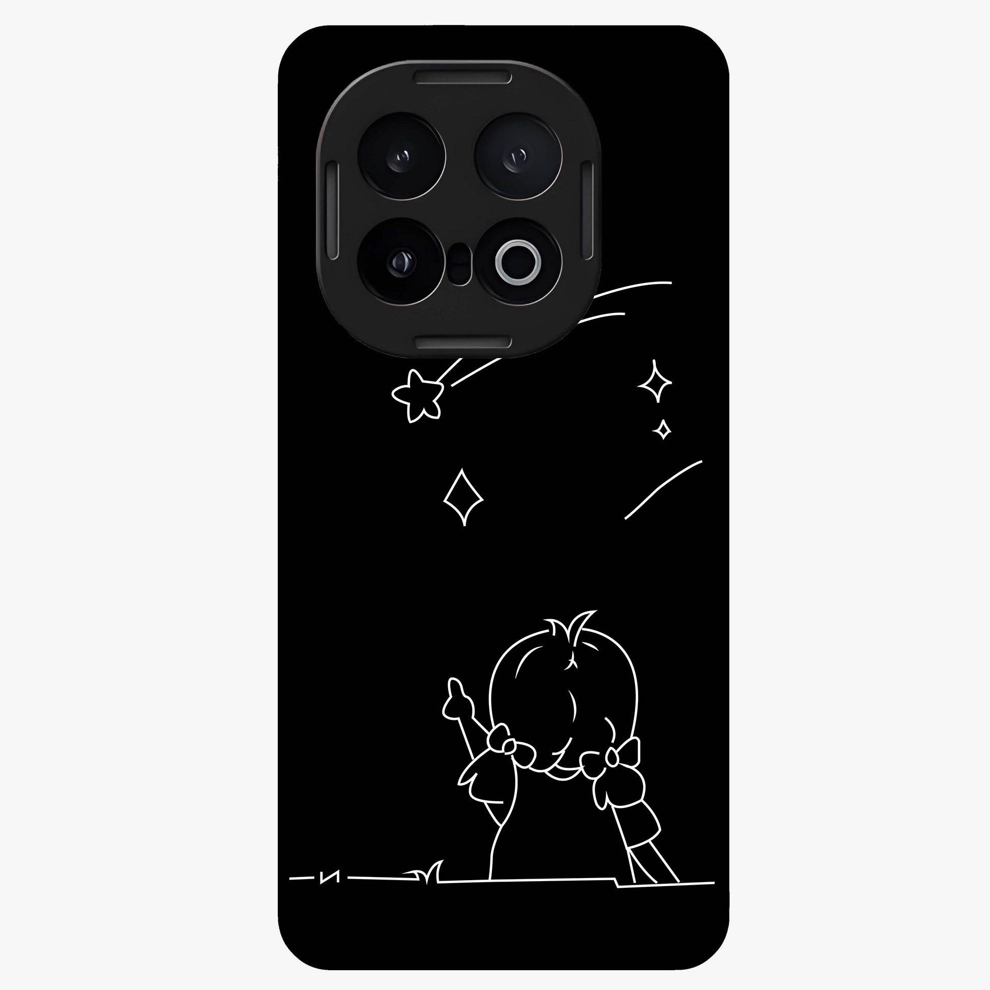 Line Art Girl With Shooting Stars Glass Case showing flat back view with minimal line art girl and shooting stars illustration and glossy glass finish.