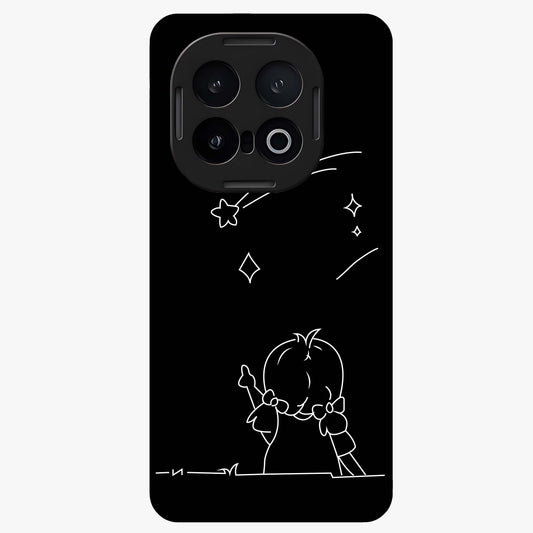 Line Art Girl With Shooting Stars Glass Case showing flat back view with minimal line art girl and shooting stars illustration and glossy glass finish.