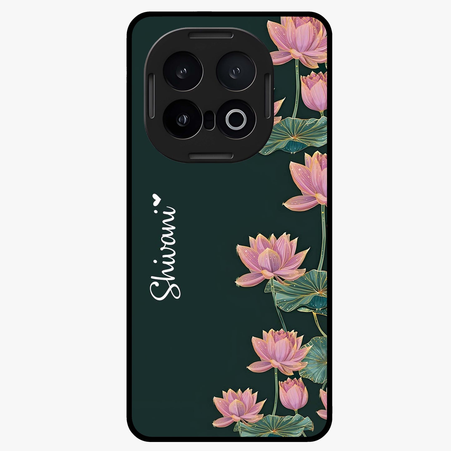 Lotus Bloom Serenity Custom Name Glass Case showing flat back view with elegant lotus flower artwork and personalized name design.