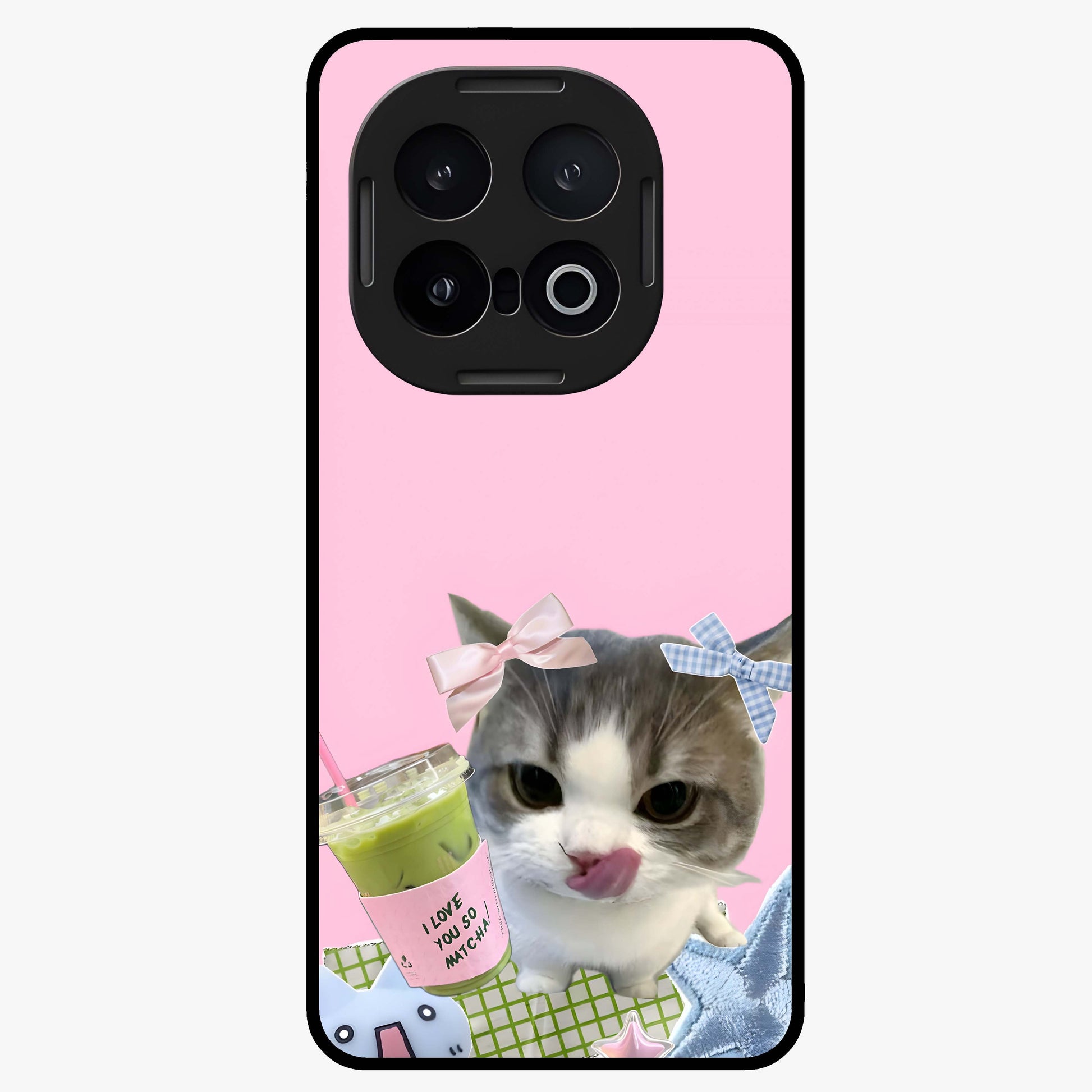 Love Matcha Cat Glass Case showing flat back view with cute cat and matcha themed artwork and glossy glass finish.