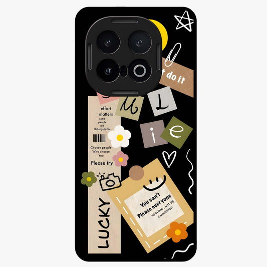 Lucky Aesthetic Collage Glass Case showing flat back view with trendy aesthetic collage artwork and glossy glass finish.