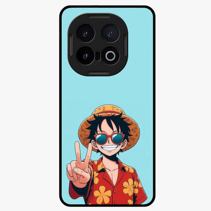 Luffy Summer Anime Vibe Glass Case showing flat back view with vibrant anime character artwork and glossy glass finish.