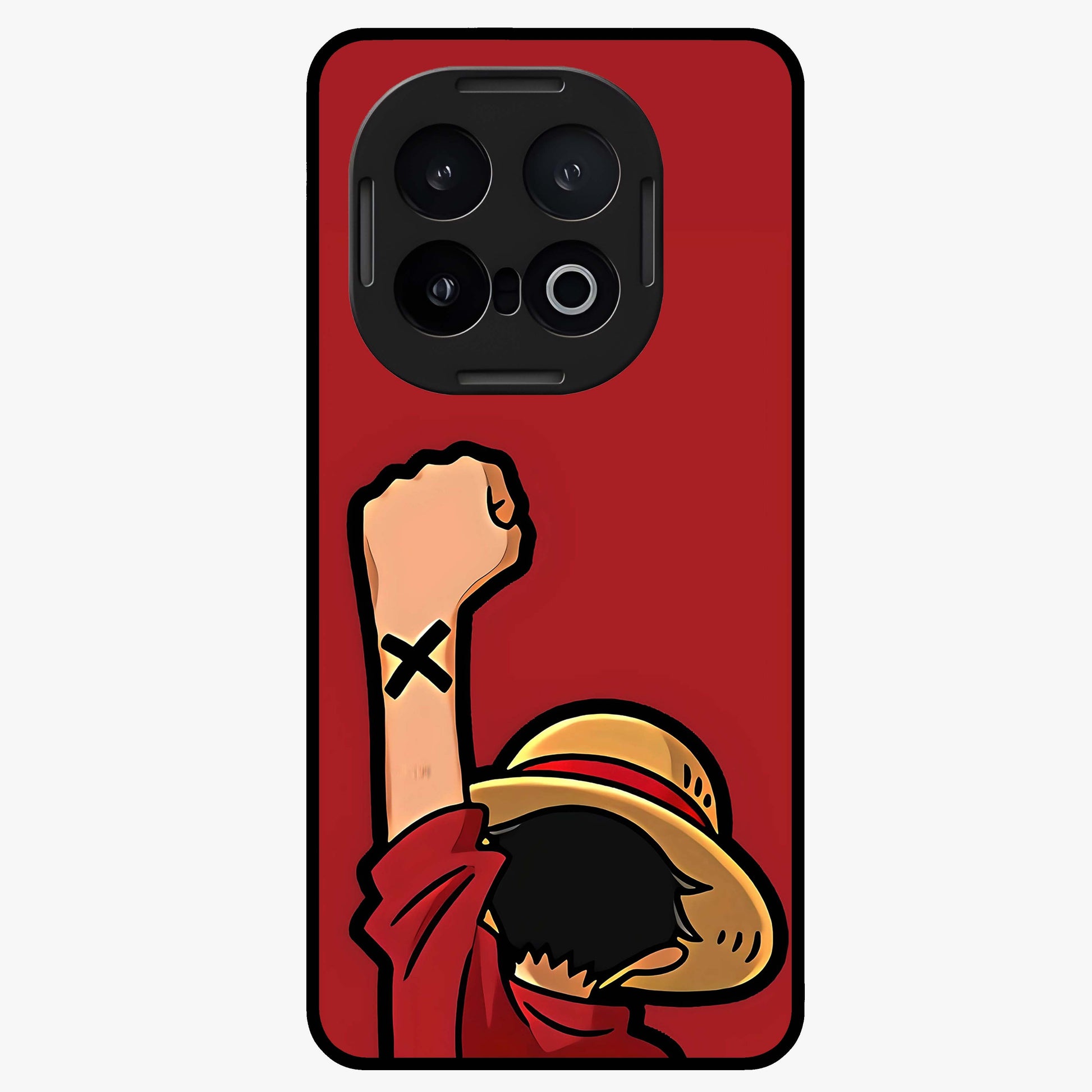 Luffy X Spirit Glass Case showing flat back view with bold anime character artwork and glossy glass finish.