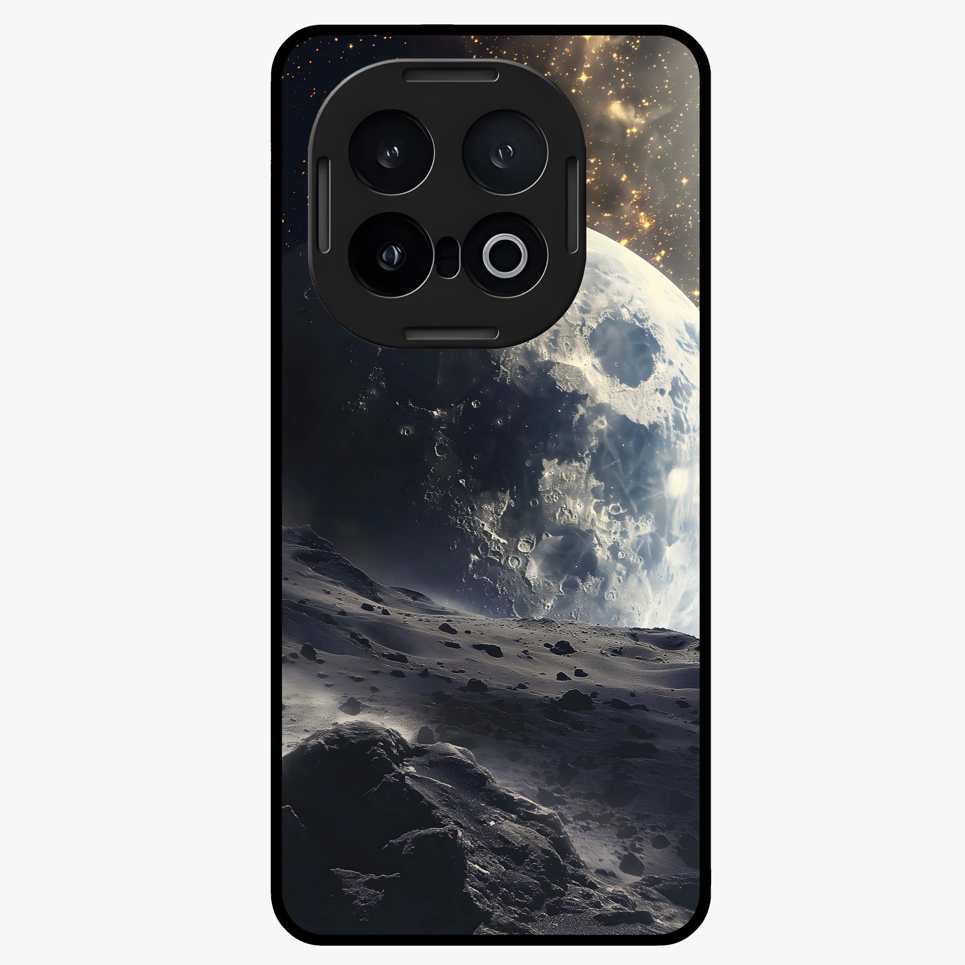 Lunar Horizon Glow Glass Case showing flat back view with glowing moon horizon artwork and glossy glass finish.