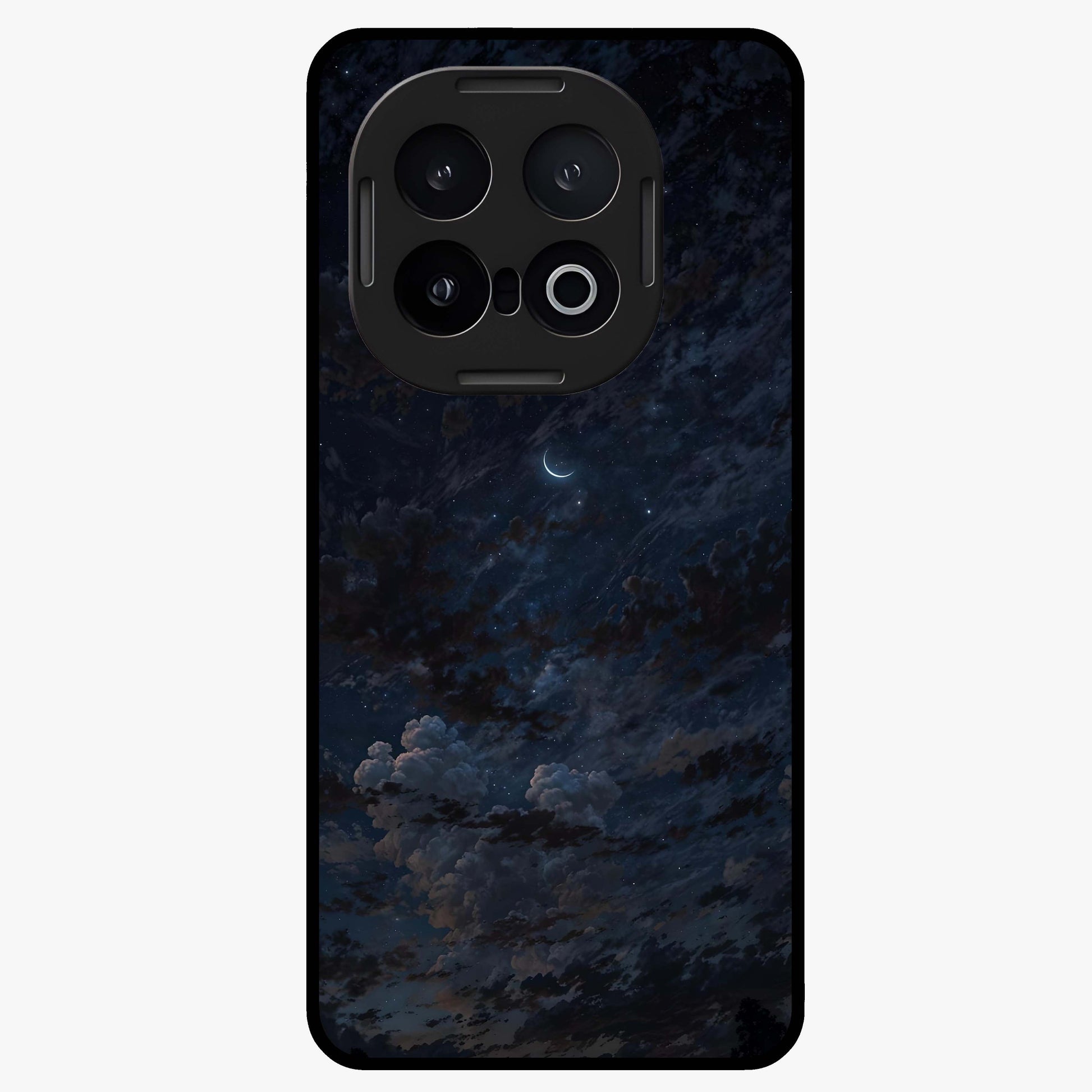 Lunar Veil Silence Glass Case showing flat back view with mystical moon veil artwork and glossy glass finish.