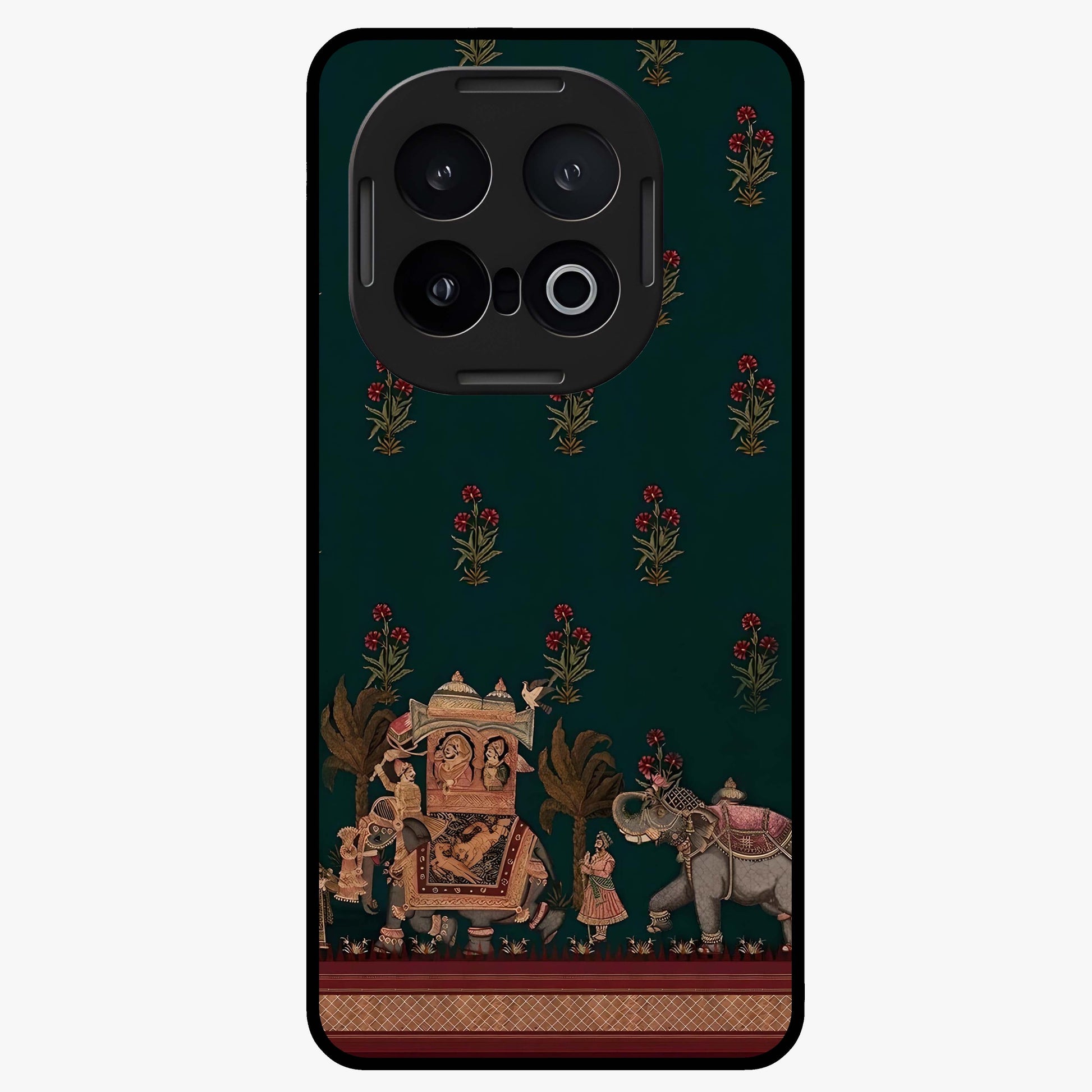 Macmerise Glass Case showing flat back view with stylish modern artwork and glossy glass finish.