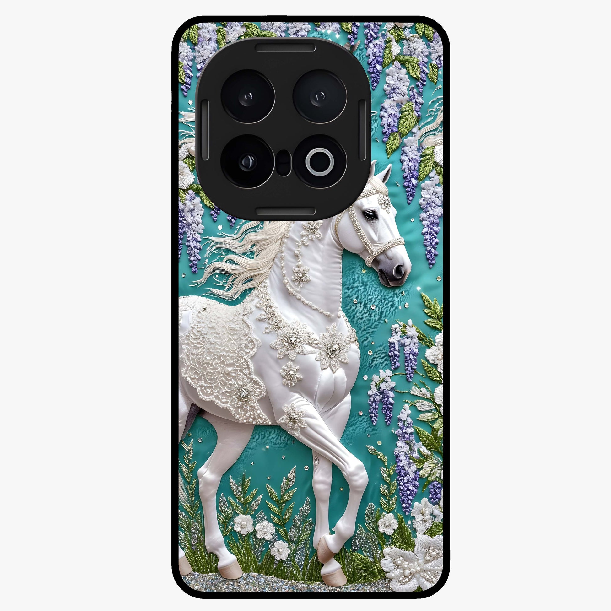 Majestic Floral Stallion Glass Case showing flat back view with powerful horse and floral artwork and glossy glass finish.
