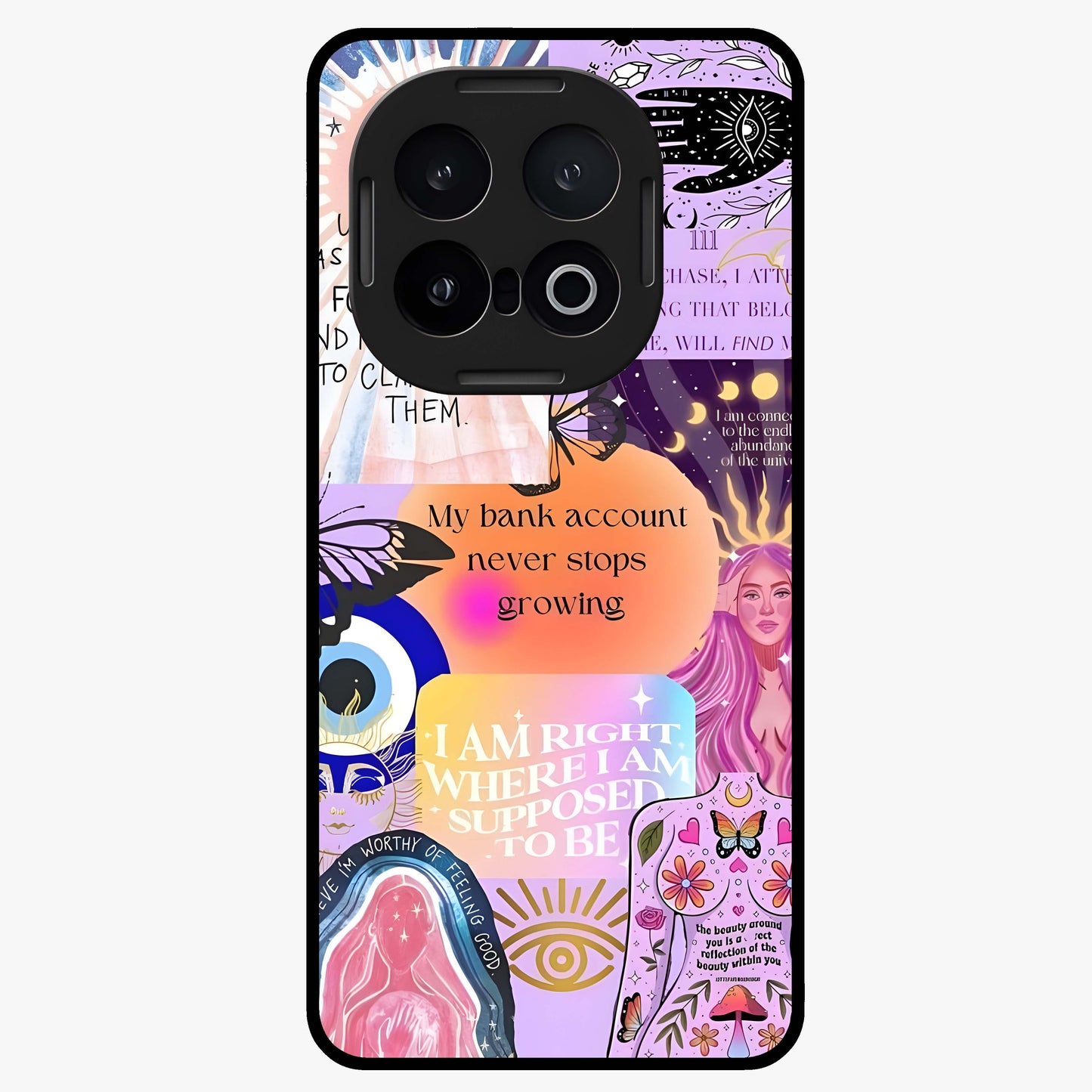 Manifestation Collage Glass Case showing flat back view with motivational collage artwork and glossy glass finish.