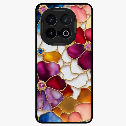 Marble Flower Pattern Glass Case showing flat back view with marble texture floral artwork and glossy glass finish.