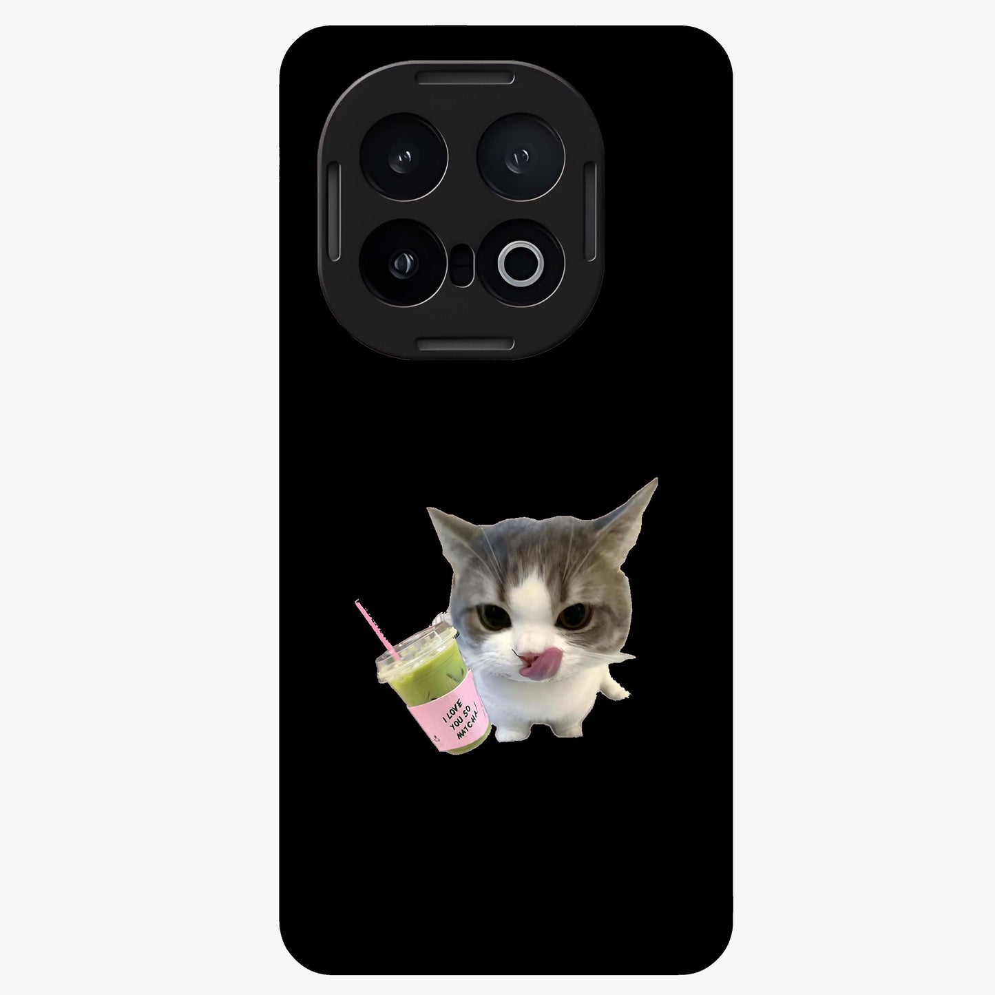 Matcha Cat Style Glass Case showing flat back view with cute matcha themed cat artwork and glossy glass finish.
