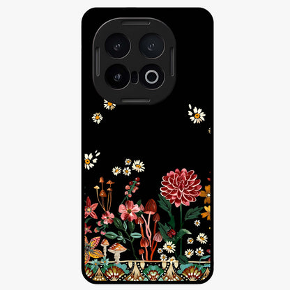 Midnight Bloom Pattern Glass Case showing flat back view with dark floral pattern artwork and glossy glass finish.
