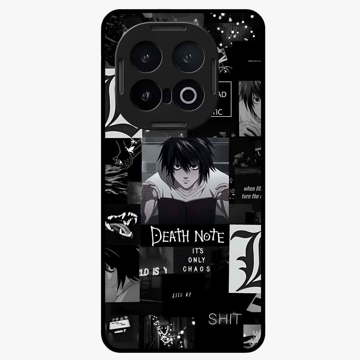 Midnight Chaos Mind Glass Case showing flat back view with abstract dark themed artwork and glossy glass finish.