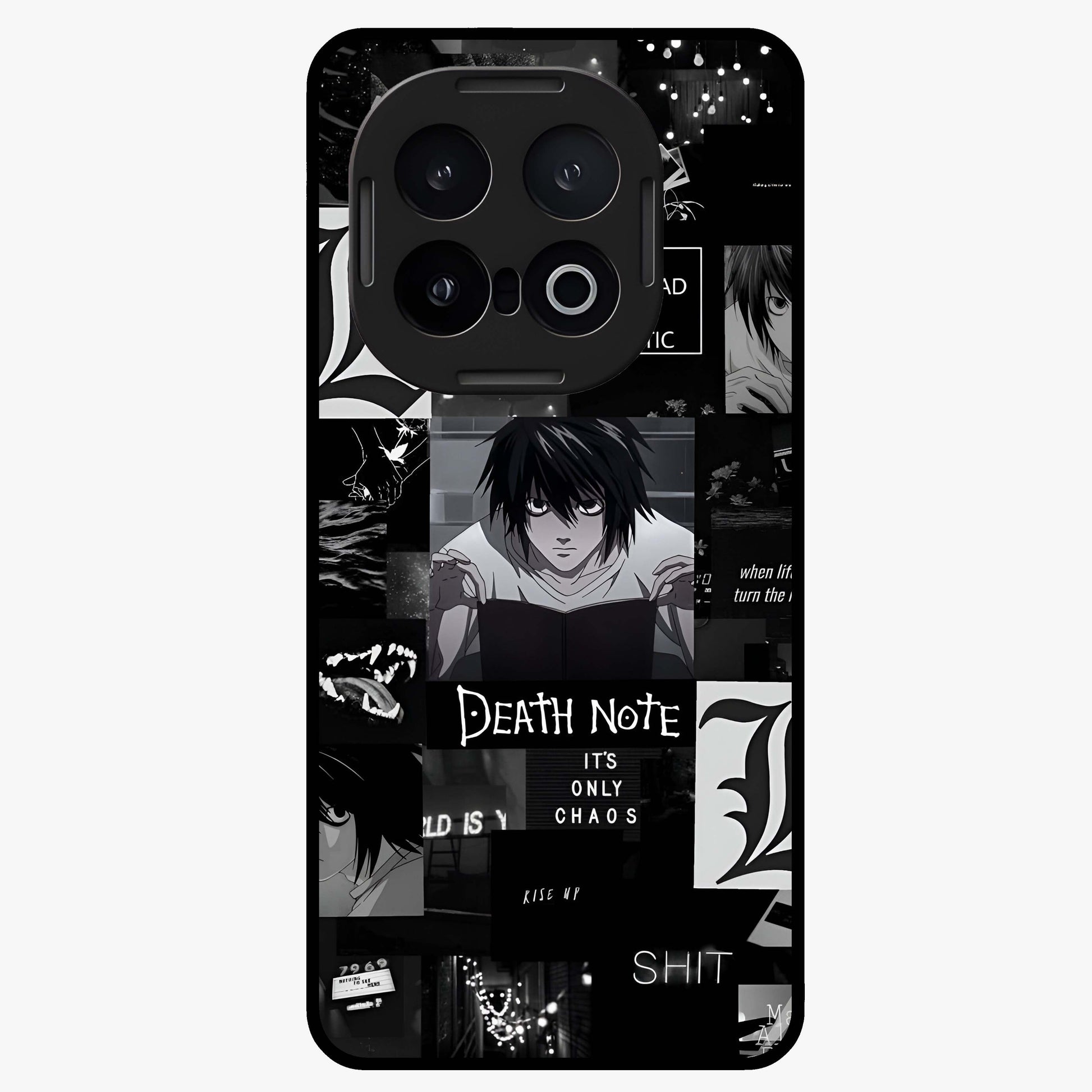 Midnight Chaos Mind Glass Case showing flat back view with abstract dark themed artwork and glossy glass finish.