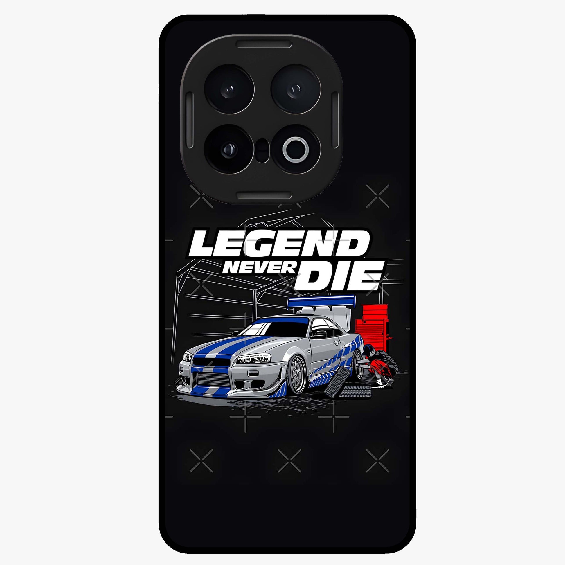 Midnight Racing Legacy Glass Case showing flat back view with sleek racing inspired artwork and glossy glass finish.