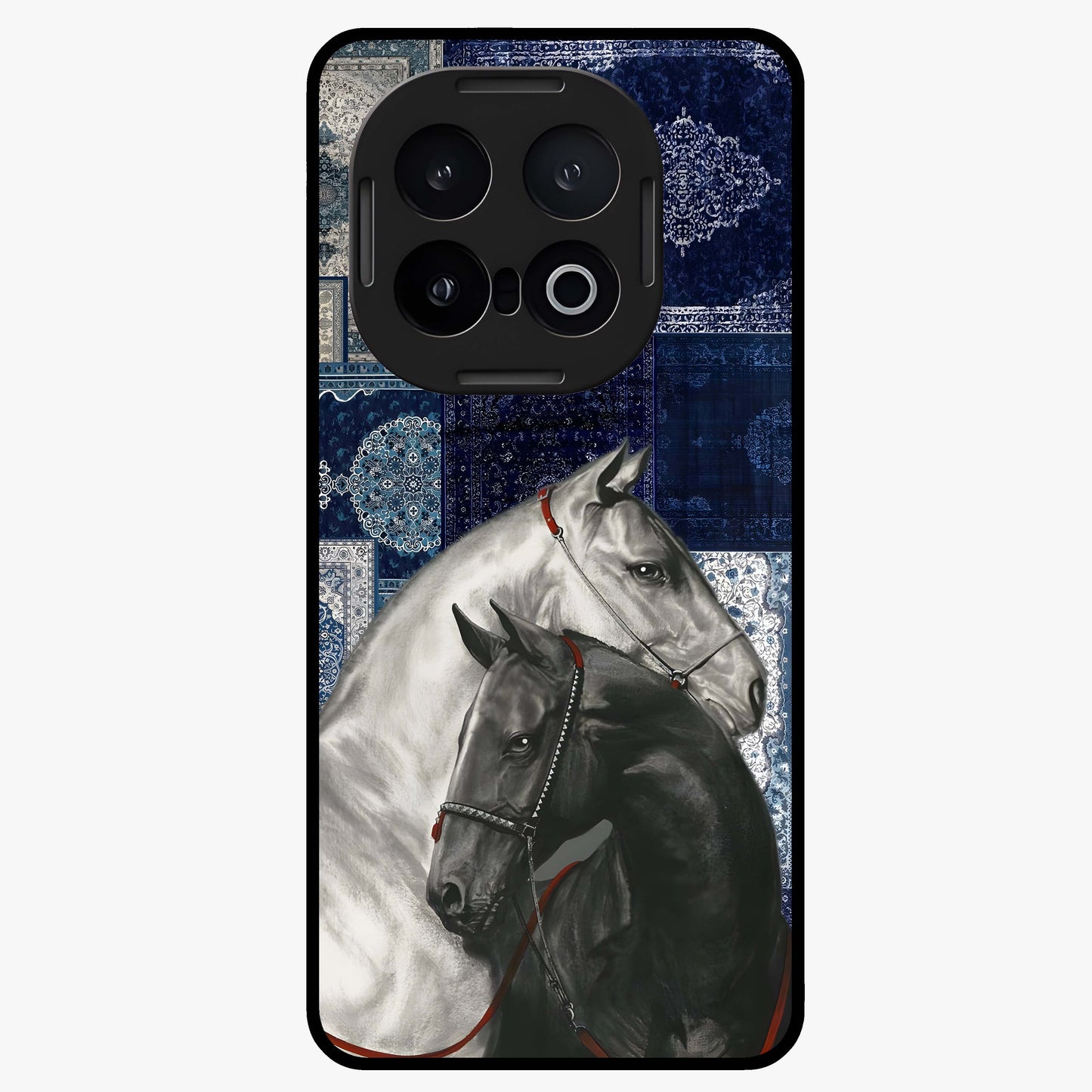 Midnight Stallion Blues Glass Case showing flat back view with majestic horse artwork and glossy glass finish.