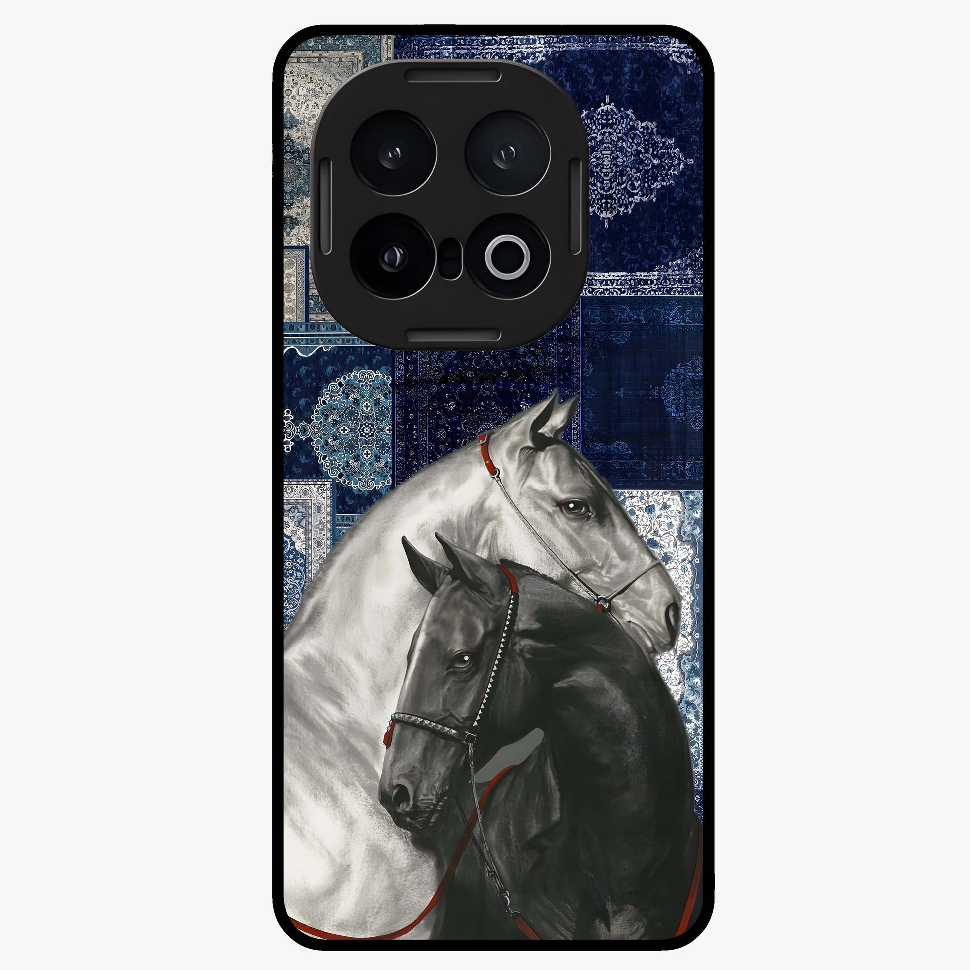 Midnight Stallion Blues Glass Case showing flat back view with majestic horse artwork and glossy glass finish.