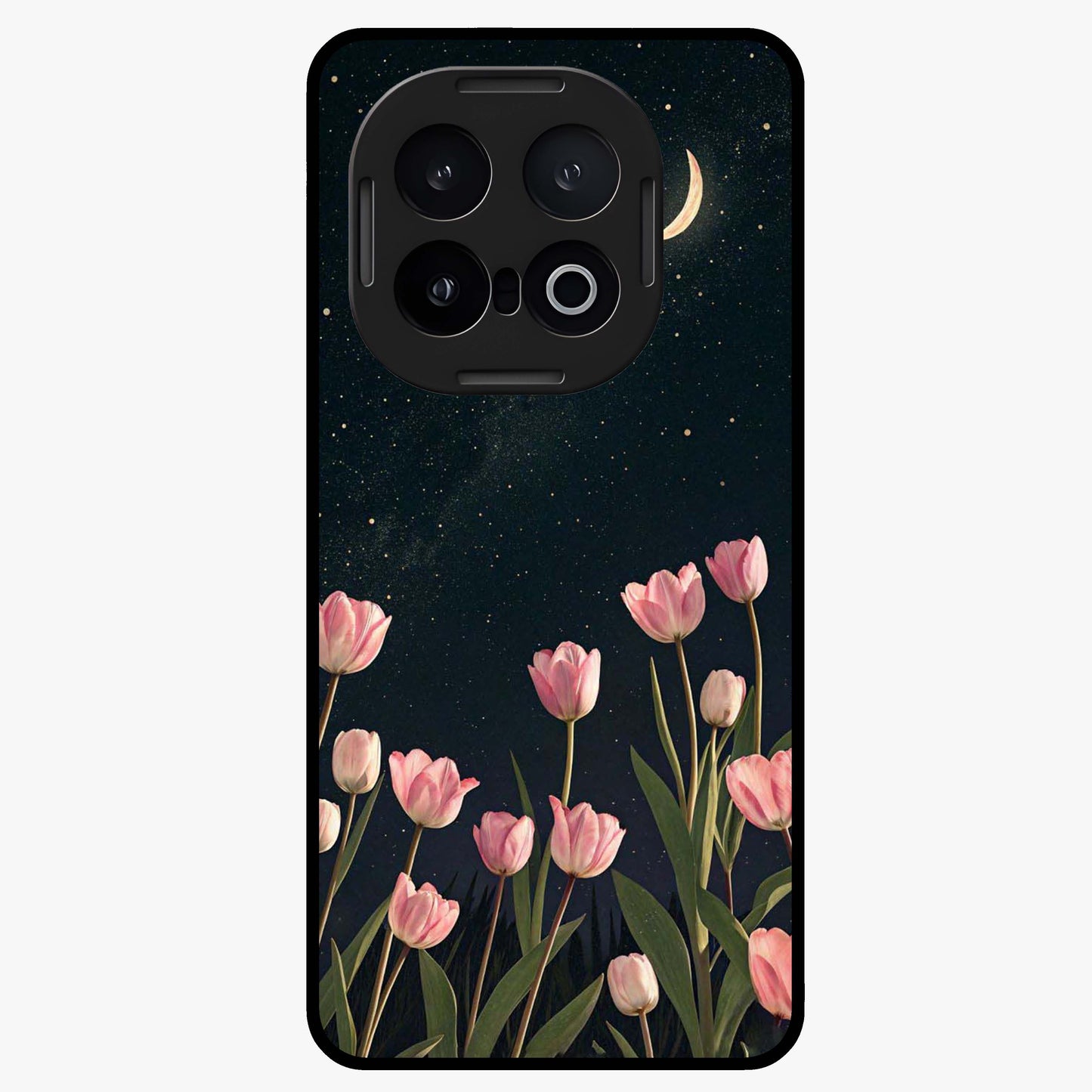 Midnight Tulip Whispers Vibe Glass Case showing flat back view with elegant tulip flower artwork and glossy glass finish.