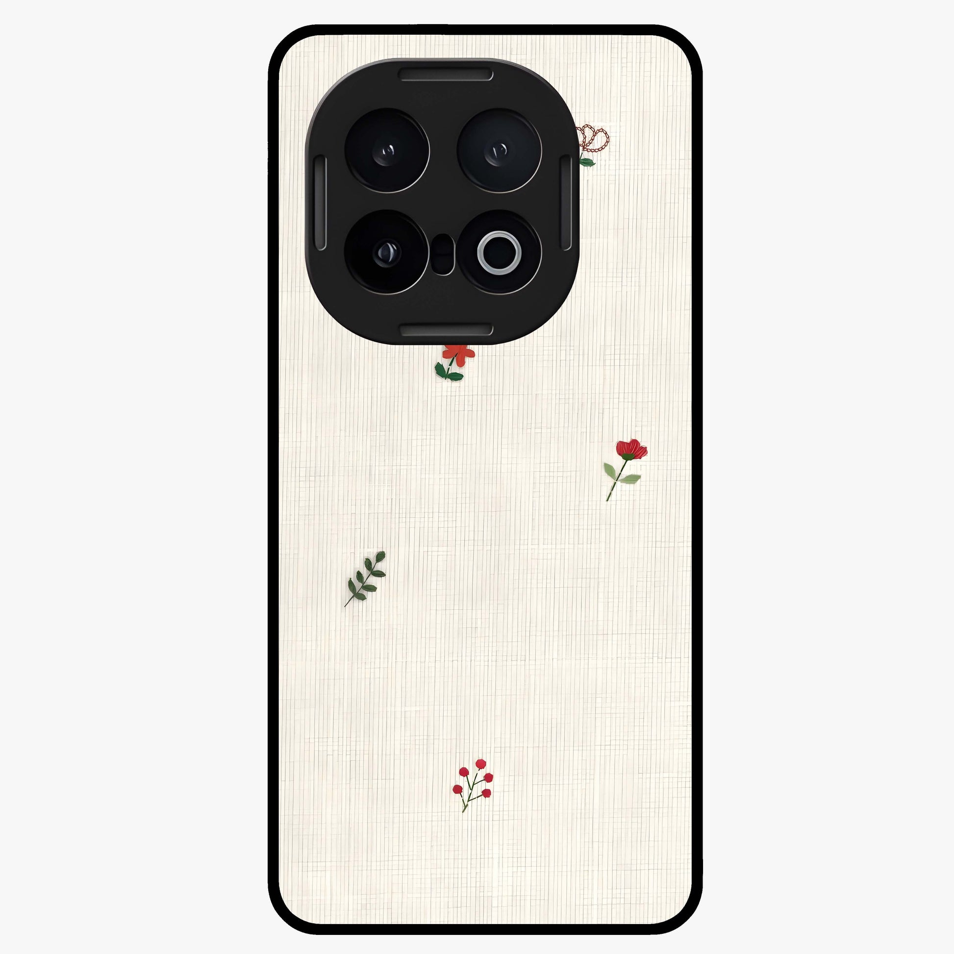 Minimal Petal Whispers Glass Case showing flat back view with soft minimal floral artwork and glossy glass finish.