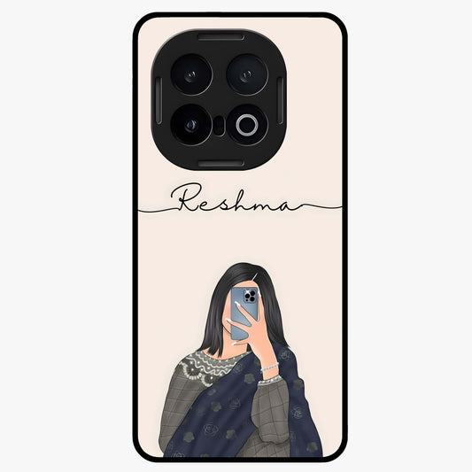 Mirror Mood Muse With Custom Name Glass Case showing flat back view with stylish mirrored artwork and personalized name design.