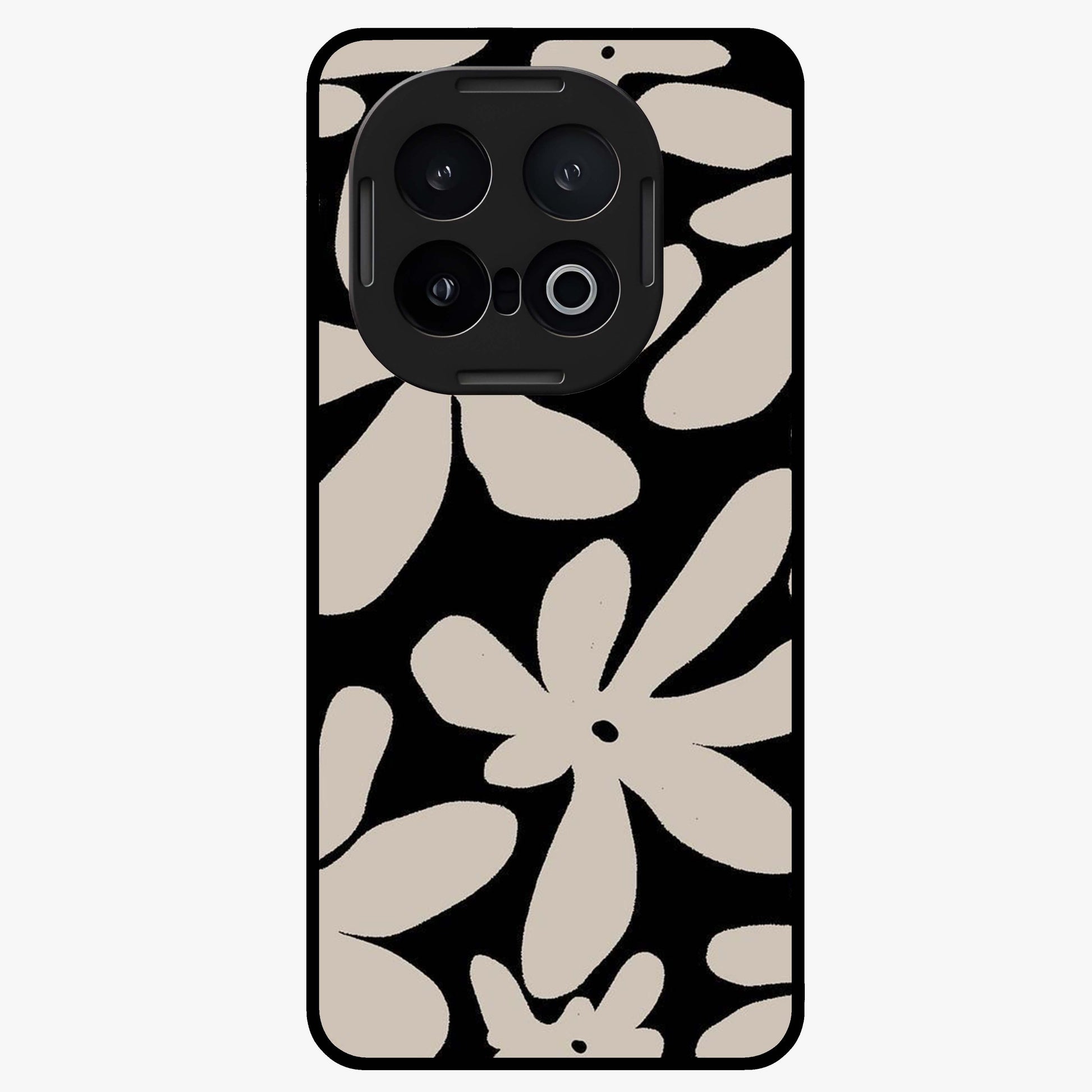 Monochrome Petal Dance Glass Case showing flat back view with monochrome floral artwork and glossy glass finish.