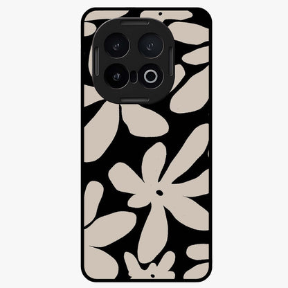 Monochrome Petal Dance Glass Case showing flat back view with monochrome floral artwork and glossy glass finish.