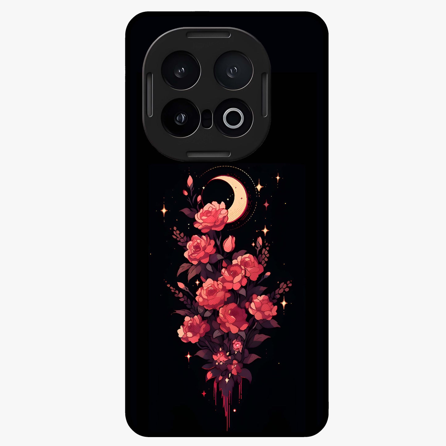 Moonlit Floral Elegance Glass Case showing flat back view with elegant floral artwork under moonlit tones and glossy glass finish.