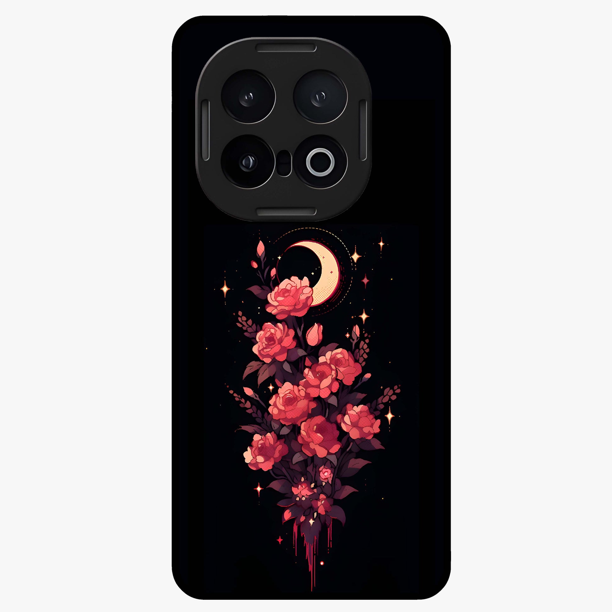 Moonlit Floral Elegance Glass Case showing flat back view with elegant floral artwork under moonlit tones and glossy glass finish.