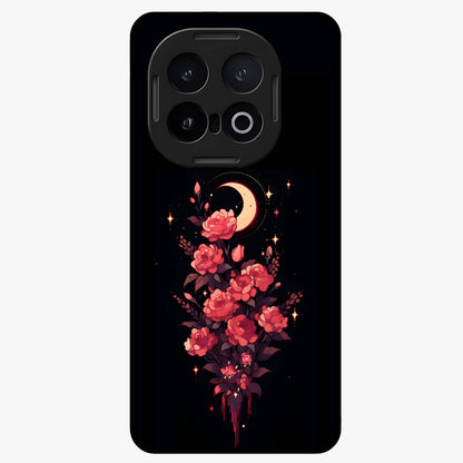 Moonlit Floral Elegance Glass Case showing flat back view with elegant floral artwork under moonlit tones and glossy glass finish.