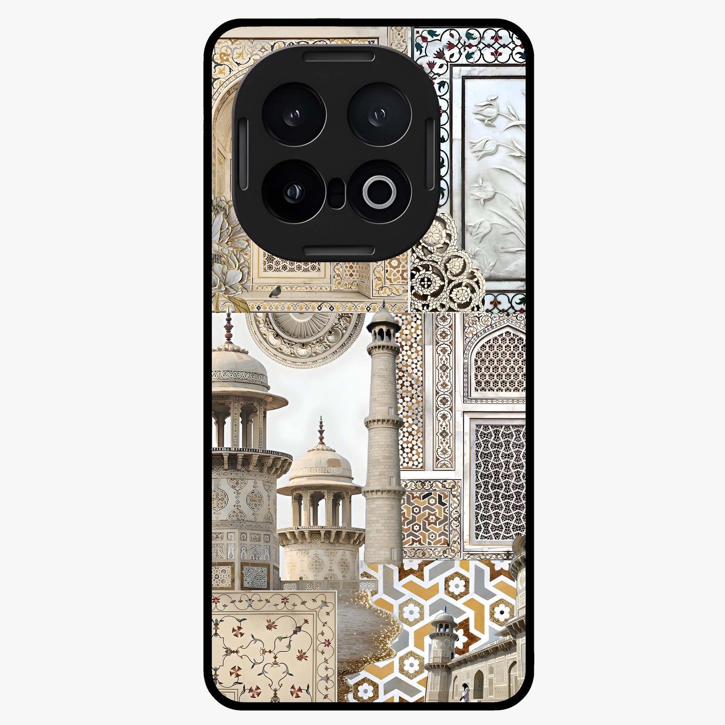 Mughal Marble Legacy Glass Case showing flat back view with intricate Mughal inspired marble pattern and glossy glass finish.