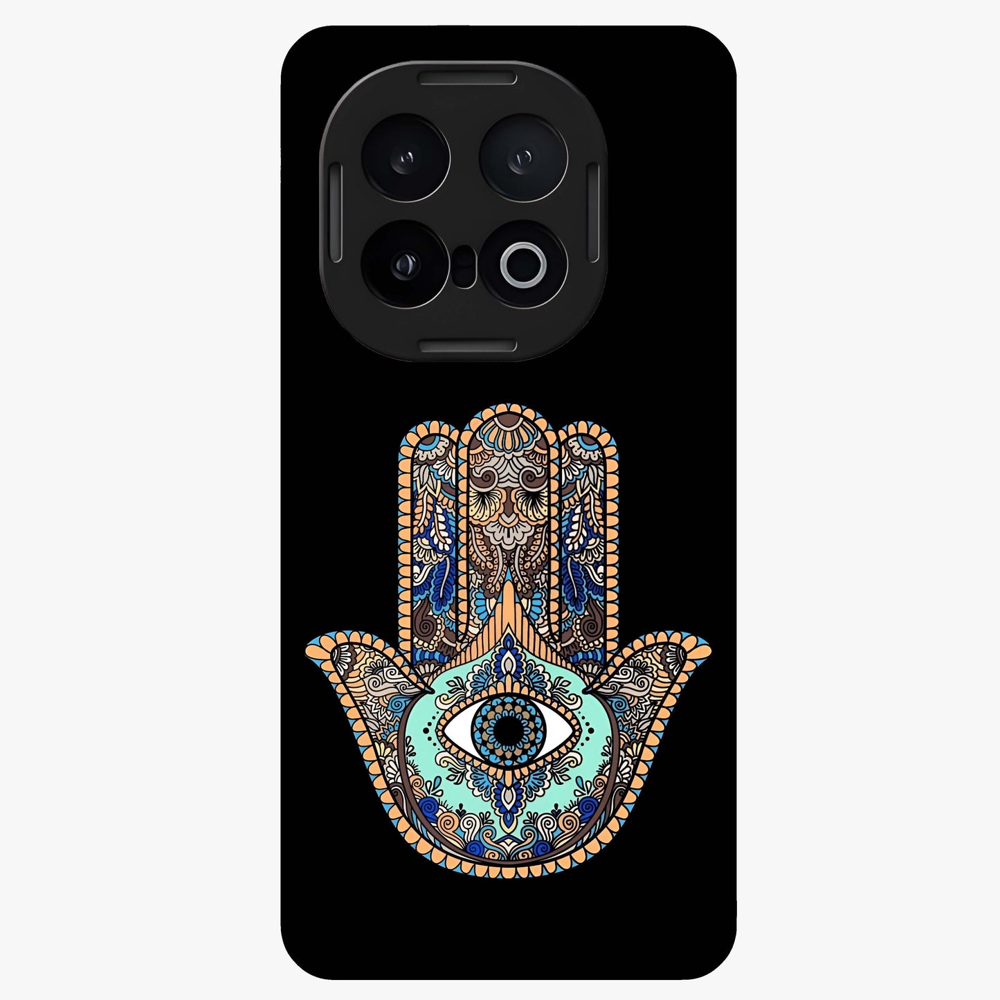 Mystic Hamsa Eye Glass Case showing flat back view with protective hamsa hand and evil eye artwork and glossy glass finish.