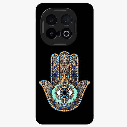 Mystic Hamsa Eye Glass Case showing flat back view with protective hamsa hand and evil eye artwork and glossy glass finish.