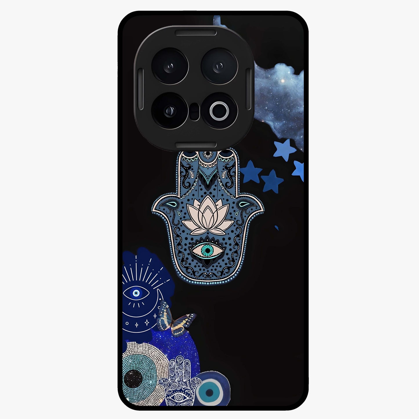 Mystic Hand Aura Glass Case showing flat back view with mystical hand symbol artwork and glossy glass finish.