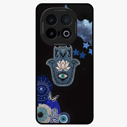 Mystic Hand Aura Glass Case showing flat back view with mystical hand symbol artwork and glossy glass finish.